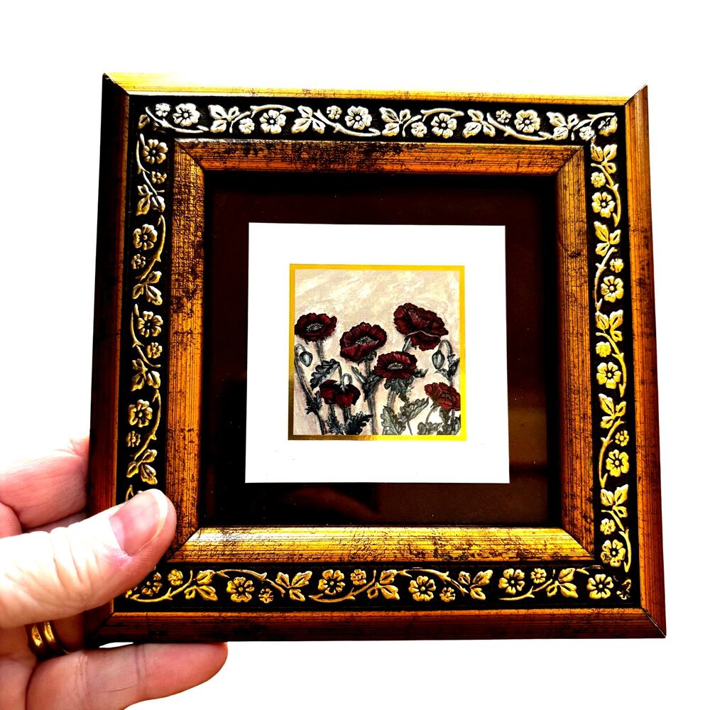 Miniature framed artwork goldtone wood frame red poppies floral flowers print
